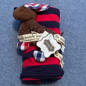 NWT - MudPie Striped Blanket and Puppy Rattle Gift Set